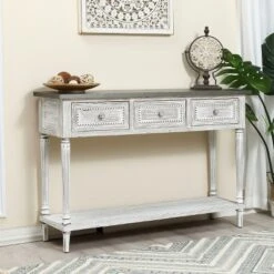 LuxenHome Distressed White Wood And Metal 3-Drawer 1-Shelf Console And Entry Table -LuxenHome GUEST fddd2ac5 e2d1 4667 b04e 6d3ac11a6066