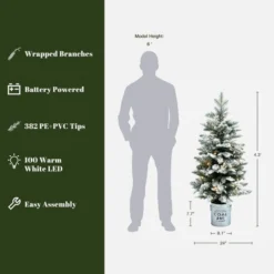 LuxenHome 4Ft Artificial Flocked Fir Christmas Tree Potted With Battery-Operated Lights Green -LuxenHome GUEST fe2bc924 2d41 4d49 8598 2d94b68afc03