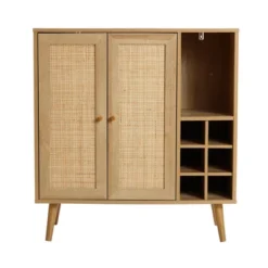 LuxenHome 35" Tall 2-Door Rattan Light Oak Finish Wood Wine And Storage Cabinet Brown -LuxenHome GUEST ff2c35ef cb78 4736 98ef e2e0ddfb1af3